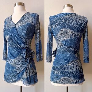 Vintage Y2K Johnny Heaven Blue Nylon Mesh Faux Wrap Animal Print Top Medium